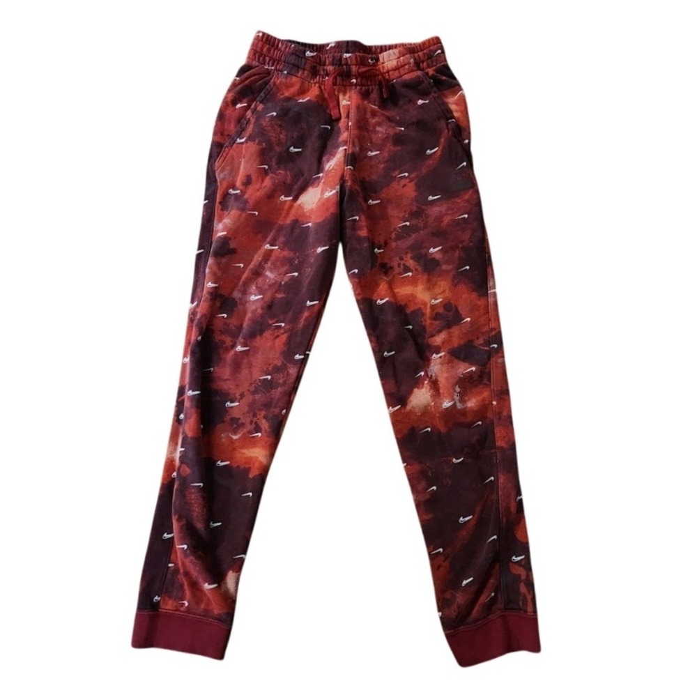Nike Kids XL Fleece Joggers Burgundy Red Tie Dye All Over Print Mini Swoosh 157